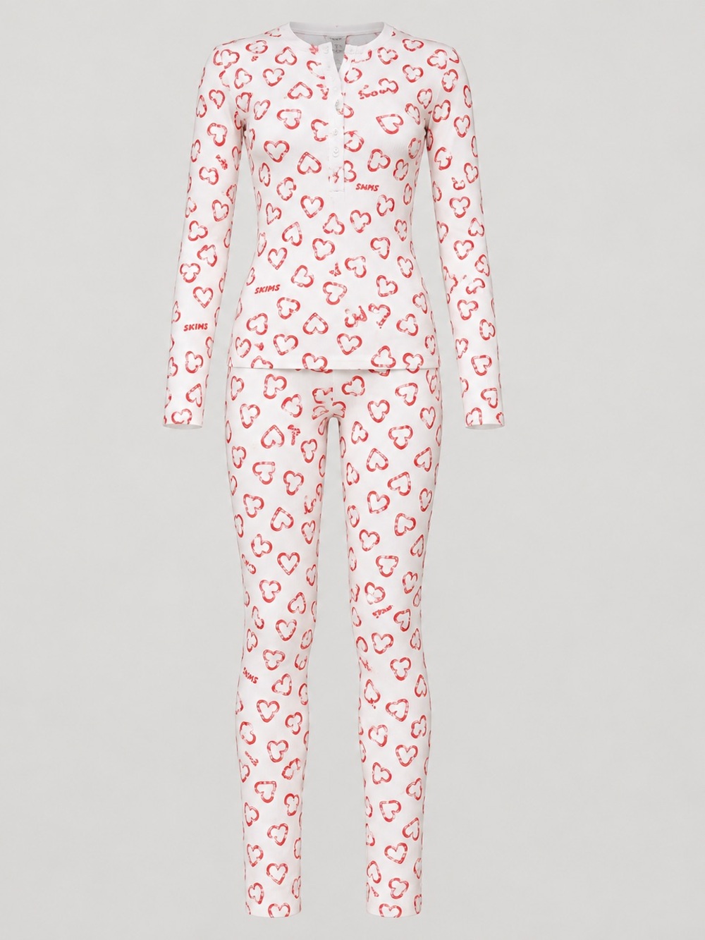 SKIMS Heart-Print Long Sleeve Pajama Set - White & Red